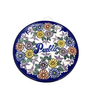 Vintage Puebla Talavera Mexico Pottery Hand Painted Flower‎ Plate Signed 8.75in